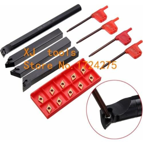 10pcs DCMT07 Carbide Insert Blades + 4pcs Lathe Turning Tool Holder Set + 4pcs Wrench for Lathe Turning Tool Machine Tool Sets