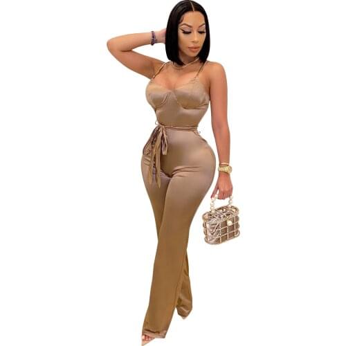 Cutubly Long Sleeve Jumpsuits And Rompers For Women Solid Sexy Jumpsuits Fashion Belt Spaghetti Strap Jumpsuits Club Wear