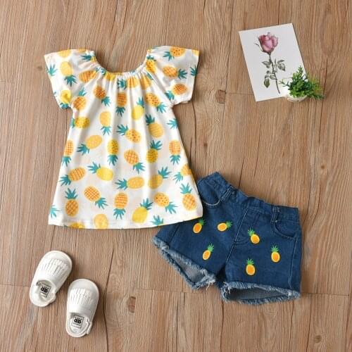 2021 Summer Girls Clothes Set Pineapple Outfits Kids Toddler Fashion Children Sleeveless Top + Demin Shorts 18M to 6 Years