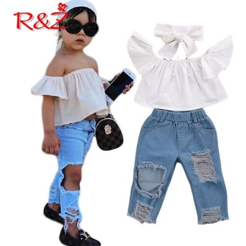 R&Z Girls Clothing Sets 2019 Ins Fashion Strapless White Tops +Broken Hole Jeans 2pcs Suits for Kids Childrens Clothing k1