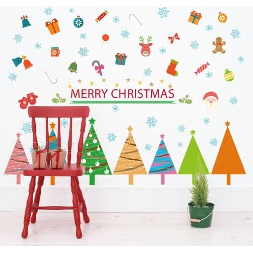 Cartoon Santa Claus Merry Christmas Tree Bell Gifts Wall Stickers Kindergarten Glass Window Background Decoration Stickers
