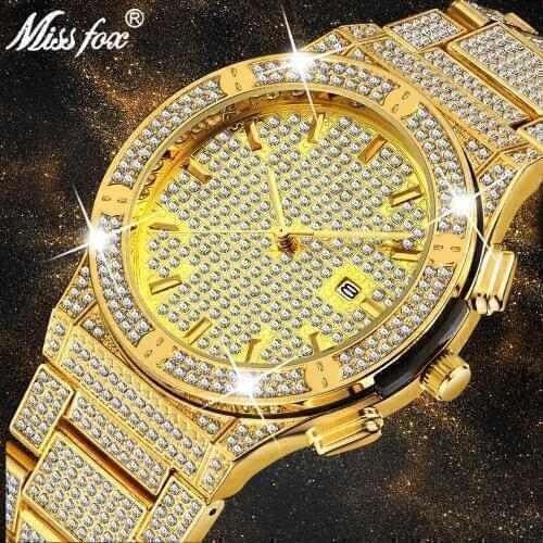 Missfox Role Watch Men Luxury Brand Gold Mens Wristwatch Clock Carbon Fiber Calendar Iced Out Classic Quartz Watch Male Clock