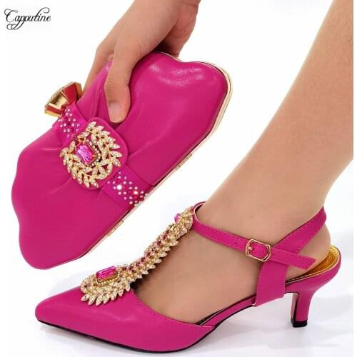 2021 New Fuchsia Matching Shoes and Bag Set High Heels African Pointed Toes Pumps With Purse Handbag For Wedding CR661 6.8CM