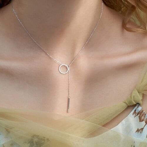 New 925 Sterling Silver Round Inlaid Zircon Long Chain Necklace Shiny Geometric Pendant Choker Gift For Girl Exquisite Jewelry