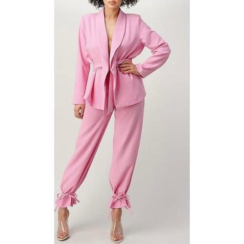 2021 Autumn and Winter New Pants Suit Pink Simple Lace-up Suit + High Waist Trousers