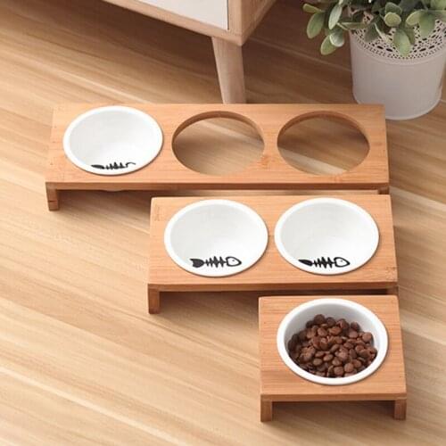 Elevated Pet Bowls, Raised Dog Feeder Solid Bamboo Stand Ceramic Food Feedin M68E