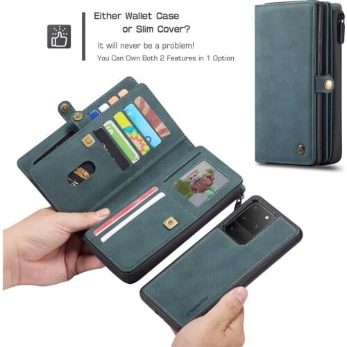 Luxury Zipper Magnet Wallet Pouch Case For Samsung Galaxy S21 S20 Plus A52 A72 Note 20 Flip Leather Card Removable Phone Cover