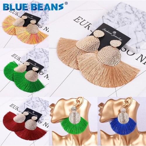 Tassel earrings green bohemian statement luxury long earring handmade gifts women geometric fringe fashion drop big star face CC
