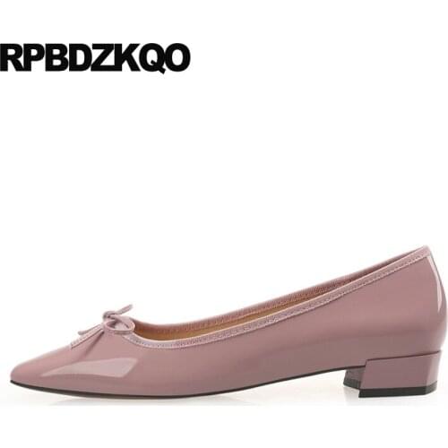 Sweet women leather grey shoes autumn footwear ladies low heels square toe pink japanese patent 2019 bow black block size 4 34