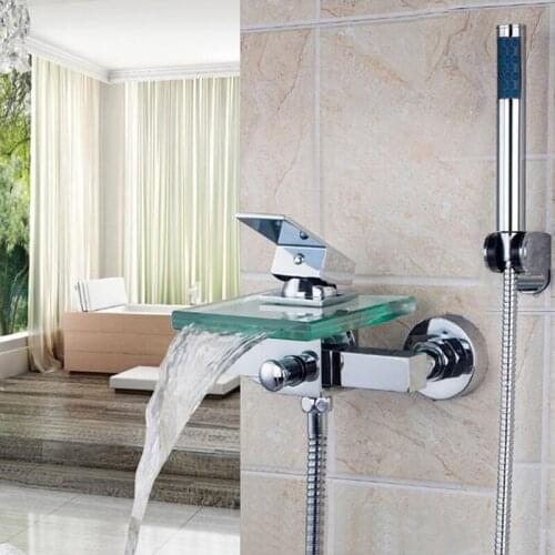 Bathroom Shower Faucet Chrome Brass and Glass Waterfall Bathtub Shower Faucet Concealed Wall Mounted Mixer Tub Taps Basin Faucet