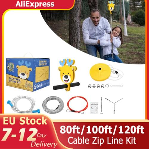 80/100/120FT Heavy Duty Compound Galvanized Steels Cable Zip Line Kit With Stainless Steel Spring Brake Backyard Zipline For Kid