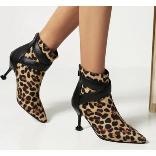 Women Sexy Leopard Print Pointed Toe High Heels Ankle Black Boots Autumn Winter Thin Heels Party Woman Shoes Big Size 48 55-2