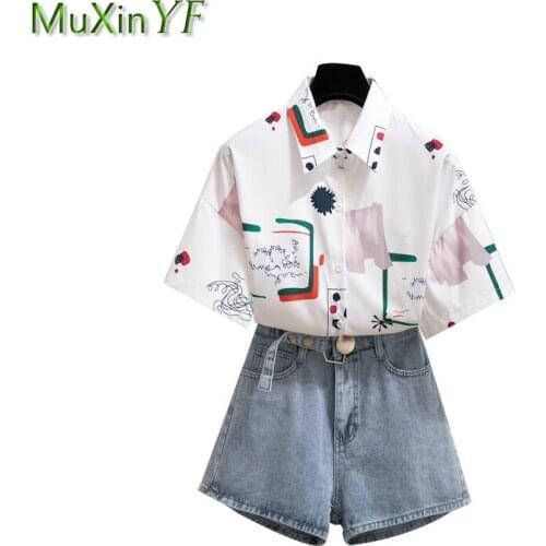 2021 Summer Fashion 2 Pcs Shorts Set for Women Student Causal Joker Print Shirts Short Jeans Sets Lady Denim Wide Leg Pants