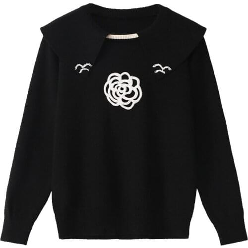 Spring Autumn Sweaters Womens Long-Sleeve England Style High-street Lotus Leaf Collar Beaded Flower Slim Knit Top Lady Pullover