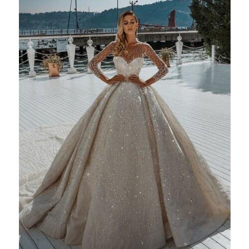 Gy Luxury Beading Ball Gown Wedding Dresses Illusion O Neck Long Sleeve Sequins Arabic Dubai Bridal Gowns Mairee Handmade
