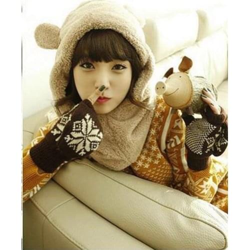 Winter Hat Scarf Set Cute Women Cotton Warm Female Cap Cute Plush Bear Scarf Comfortable scarf hat Set