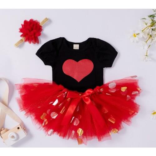 2021 Valentines Day Baby Girl Clothing Heart Print Short Sleeve Romper Tops+Dot Print Mesh Skirt+Floral Headband 3pcs Summer