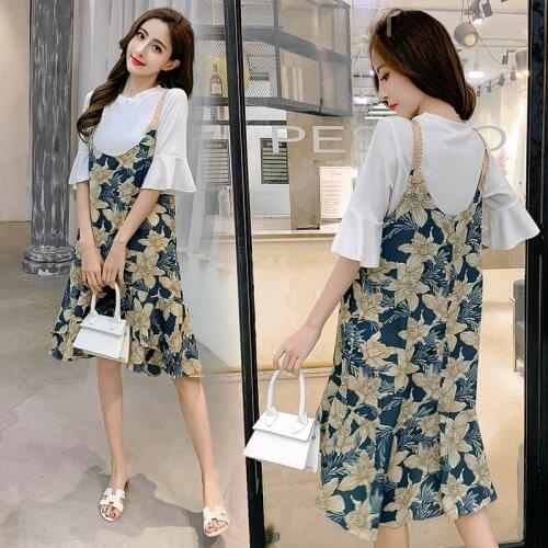 6281# Plain Color T shirt + Dress Maternity Clothes Loose Stylish Floral Short Sleeves Dress Pregnant Women Pregnancy Clothes
