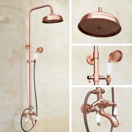 Antique Red Copper Brass Bathroom Shower Faucet Set Bathtub Shower Faucet Bath Shower Tap Rainfall Shower Head arg564