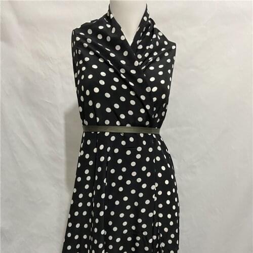 White polka dot print on black pure silk crepe de chine silk fabric 140cm width,SCDC1257