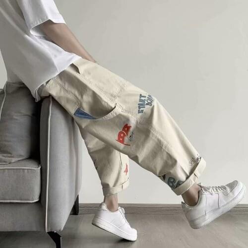 Cartoon Printed Cargo Pants Mens BF Harajuku Hip Hop Street Wear Casual Fashion Graffiti Loose Straight Khaki Pants