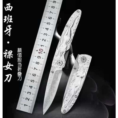 Damascus cool high quality knife handmake stainless steel knives engrave handle nude female beauti lady collecting knife survial