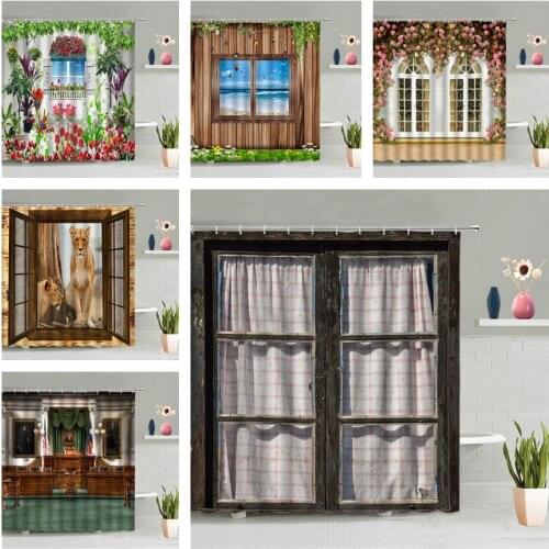 Retro Wooden Window Shower Curtain Window Outside Balcony Flower Plant Ocean Scenery Bathroom Screen Wall Hanging Curtains Decor