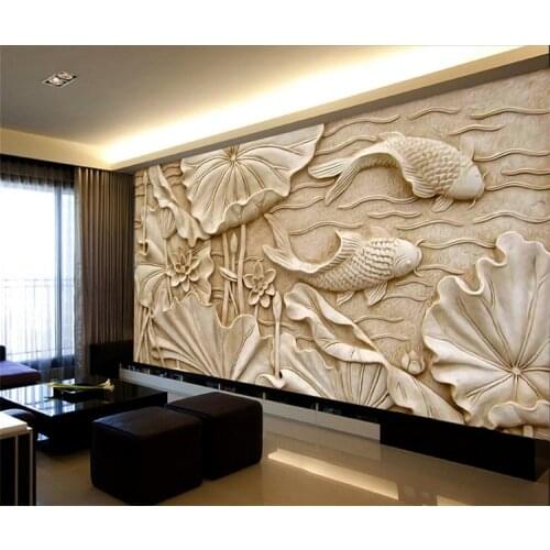 TV Background Film Wall Paper Sofa Custom Mural Chinese 3D Relief Imitation Wood Carving Lotus Fish