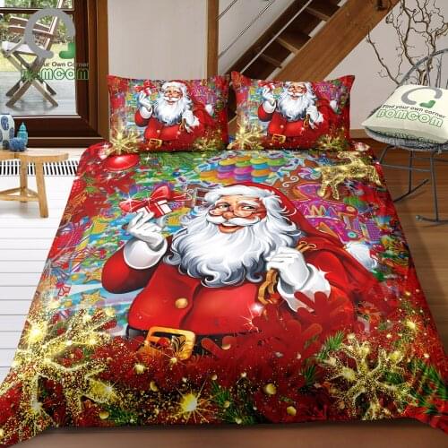 BOMCOM 3D Digital Printing Merry Christmas Santa Claus Xmas Snowflak Glitter Reindeer Rudolph Bedding Sets 100% Microfiber Red