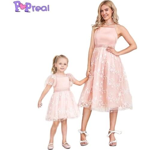 PopReal Fashion Embroidery Bow Backless Lace Family Look Mom Daughter Dress Family Matching Clothes Mother Kids