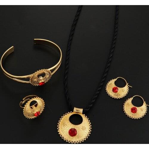 Gold Color Ethiopian Necklace Pendant Earring Ring Bangle With Stone Trendy jewelry Sets