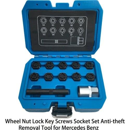 12pcs Car Wheel Nut Lock Key Screws Socket Set Anti-Theft Removal Tool Fits For Mercedes Benz S-Class Repair Tools