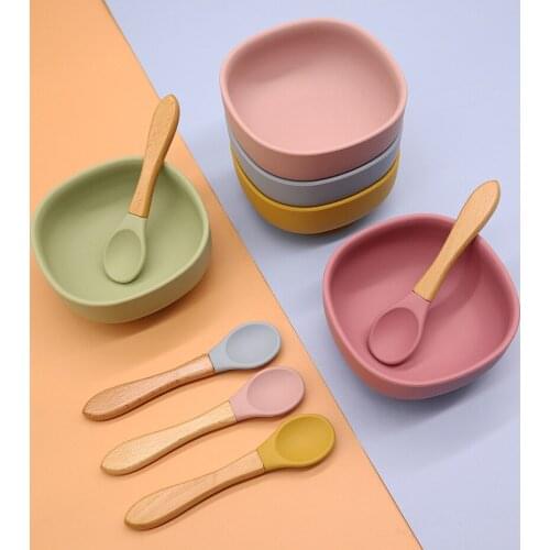 Baby Feeding Bowl Set Silicone Baby Learning Dishes Suction Bowl Set Non-Slip Spoon Fork Baby Dinnerware Set Feeding Accessories