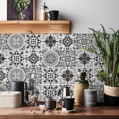 24pcs Black & white Style Matte Surface Wall Sticker Non-slip Tile Decoration Film For Tile Ground in Kitchen Bathroom Art Mural
