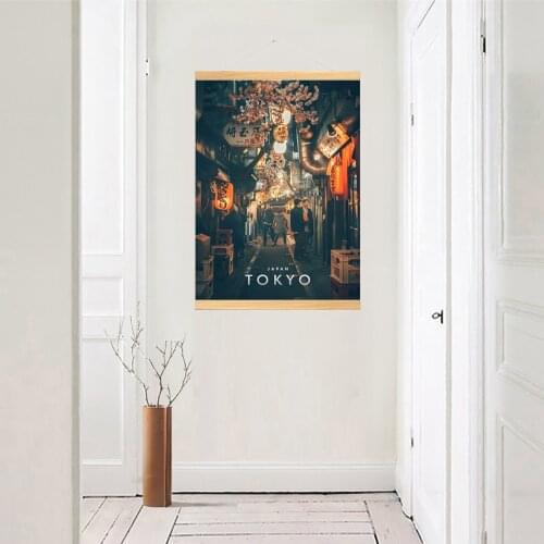 Home Decoration Wall Artwork Picture Street View Wooden Scroll Hanging Painting Print Canvas Japan Tokyo Poster For Living Room