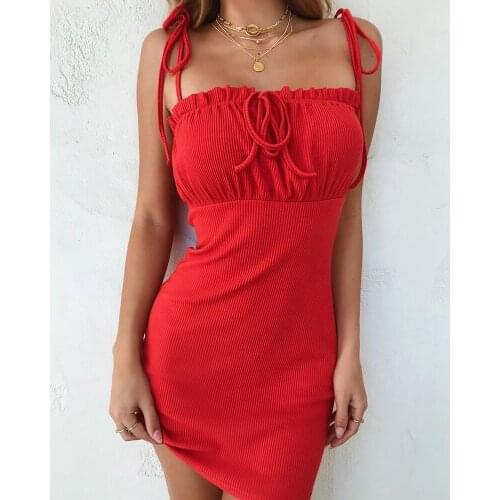 Summer New Street Sex Womens Wear Red Staples Tight-Fitting Lotus Leaf Side Tie Short Mini Dress