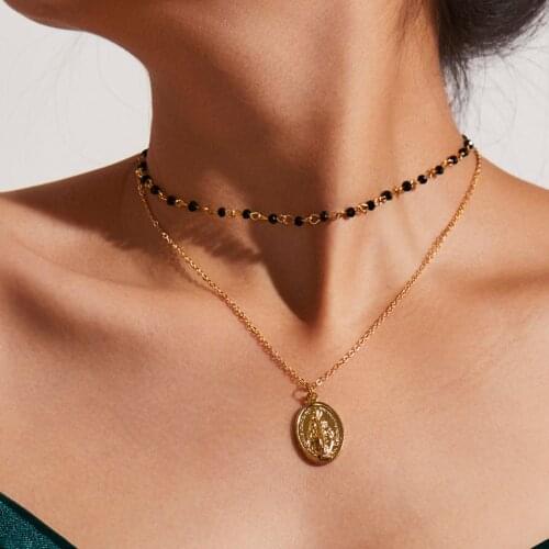 New Arrival Bohemian Fashion Layered Jewelry Rosary Black Beads Choker 2 Layers Christian Pendant Necklace for Women