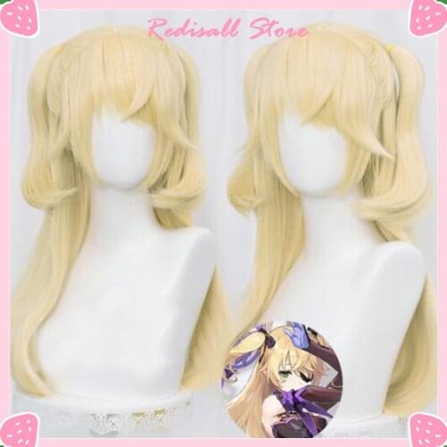 Genshin Impact Fischl Wig Cosplay Long Golden Hair Heat Resistant Adult Men Women Halloween Role Play Free Wig Cap
