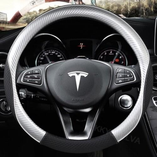 Luxury Leather+Carbon Fiber 38CM For Tesla Model 3 Model Y Model X Model S Car Steering Wheel Cover Interior Accessories
