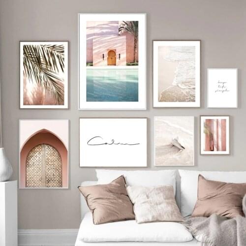 Pink Palm Leaf Shadow Beach Wave Conch Door Nordic Poster Wall Art Prints Canvas Painting Decoration Pictures For Living Room