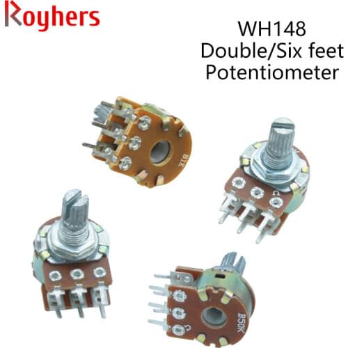 2Pcs WH148 1K 2K 5K 10K 20K 50K 100K 500K 6Pin 15mm Shaft Amplifier Dual Stereo Potentiometer B1K B2K B5K B10K B20K B50K B100K