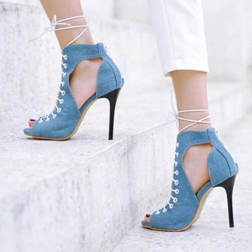 Gadiator Sandals Women Summer 2021 Sexy Cool Boots Cross Strap Denim High Heels Sandals Peep Toe Hollow Outs Blue Shoes Pumps