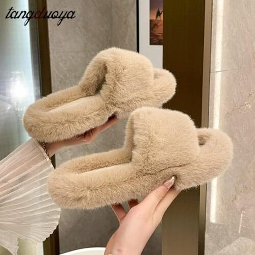 Autumn Fluffy Raccoon Fur Slippers Shoes Women Fox Fur Flip Flop Flat Furry Fur Slides Outdoor slippers Woman Amazing Shoes
