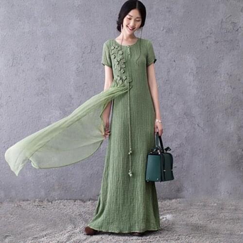 2017 New Summer Dress Women Plus Size Maxi Dresses Embroidery Vintage Short Sleeve Vestidos Linen Cotton Dress Long Robe AB051