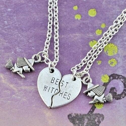 1set Fashion Friendship Necklace Jewelry BEST WITCHES Sorcerer Witch riding a broom Heart Pendant Pair of Necklace Jewelry Gifts