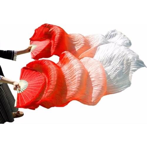 High quality 100% Silk 1Pair Left+Right hand belly dance fans silk veils dance fans hot sale Red+Light orange+White 150/180x90cm