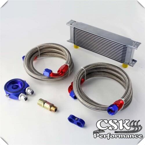 13 Row 248mm AN10 Universal Engine Transmission Oil Cooler British Type + Aluminum Filter Hose End Kit Blue