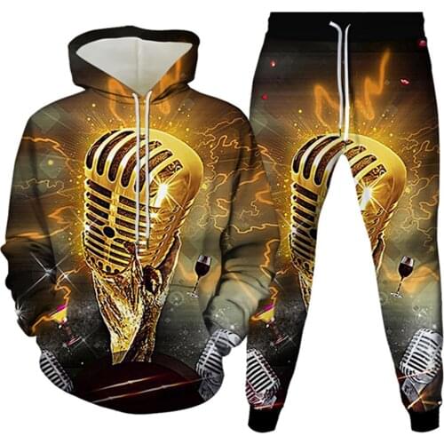 Rock DJ Concert Musical Instrument Note Violin Microphone Print Men Tracksuit Women Hoodie+Trousers 2pc Sets Clothes Size S-6XL