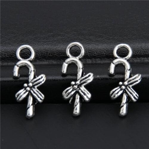 20pcs Silver Color Walking Stick With Bow Knot Charms Pendant For Necklace Keyring For Christmas Gift A2957
