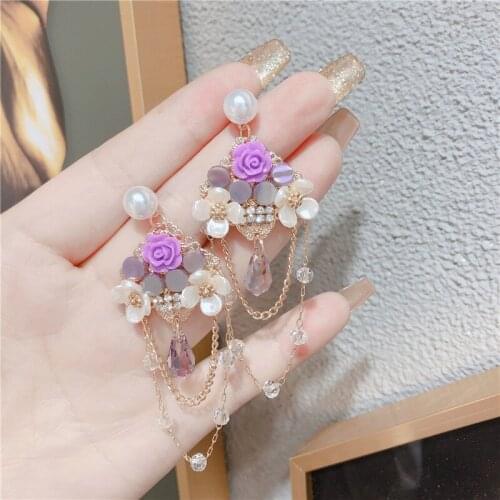 2021 Sweet Girly Purple Crystal Water Drop Bow Pearl Pendant earrings